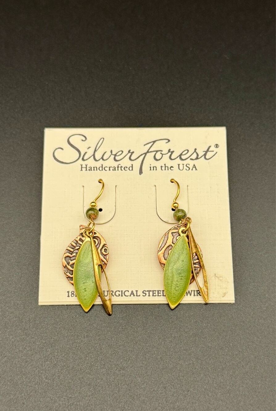 Silver Forest Green Leaf Layered Dangle Earrings 18K Surgical Steel USA